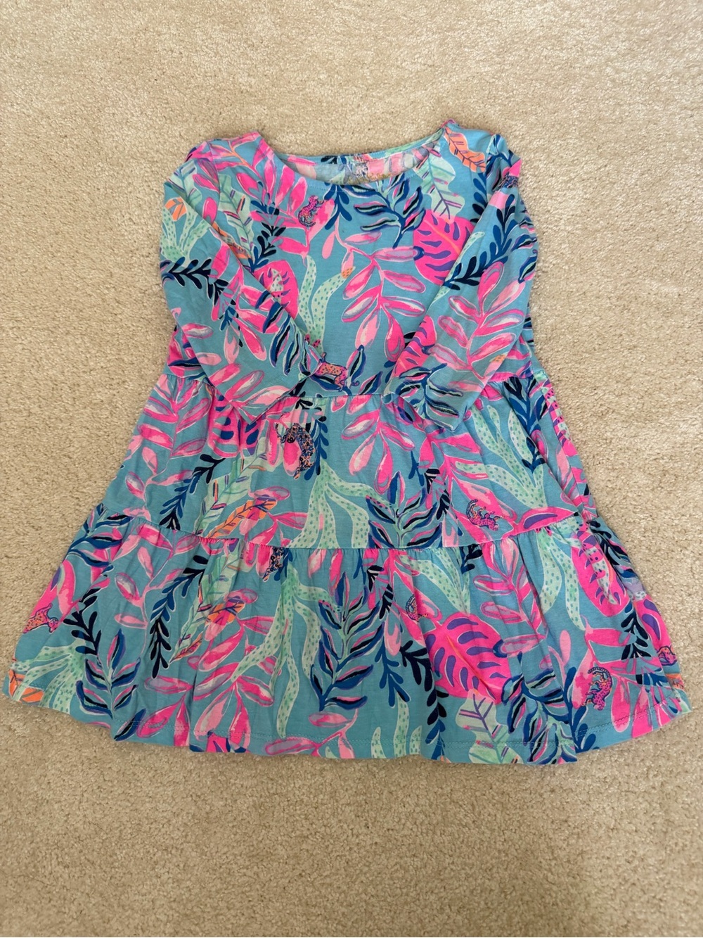 Lilly Pulitzer Girls' Long-Sleeve Leaf Print Dress - Aqua, Pink & Navy